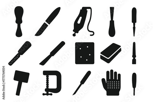 Carving Tools Icons. Solid style icons of carving tools: gouge, carving knife, rotary tool, engraving chisel, rasp, file,
