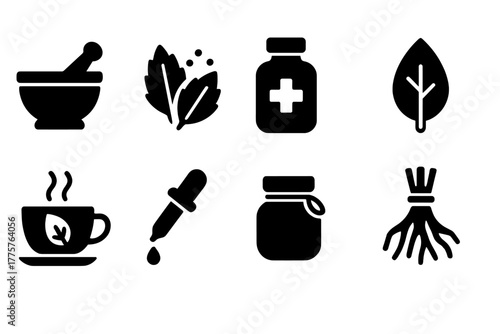 Herbal Medicine Icons. Solid style icons of Herbal Medicine: Mortar and Pestle, Dried Herbs, Medicine Bottle, Healing Leaf, Herbal