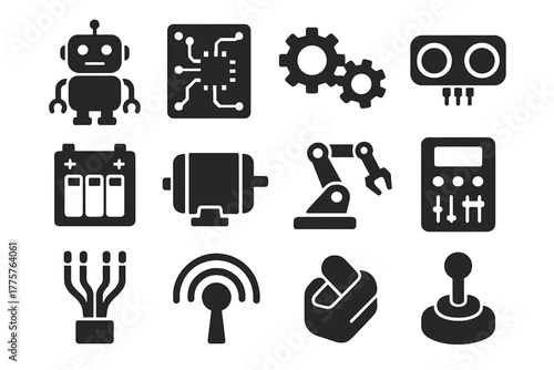 Robotics Basics Icons. Solid style icons of robotics basics: robot, circuit board, gears, sensor, battery pack, motor, robotic arm