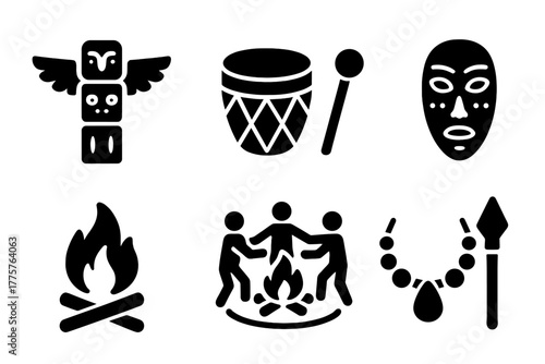 Tribal Tradition Icons. Solid style icons of Tribal Traditions: totem pole, feather headdress, ritual drum, painted mask, sacred