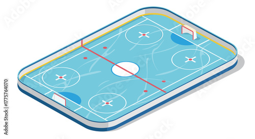 Isometric ice hockey rink with detailed goals and markings on blue surface