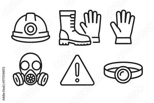 Mining Safety Icons. Line style icons of safety in mining: helmet, protective boots, gloves, gas mask, warning sign, headlamp. No