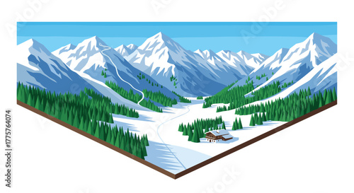 Scenic winter mountain landscape with snowy peaks and pine forest in geometric style