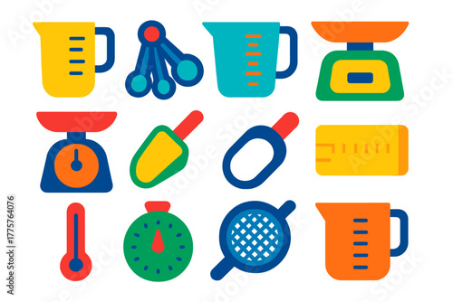 Vibrant Kitchen Tools. Flat vector icons of measuring tools: measuring cup with handle, stacked measuring spoons, glass measuring