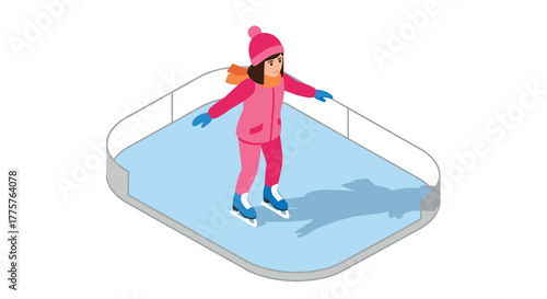 Young girl ice skating in winter clothing on outdoor rink