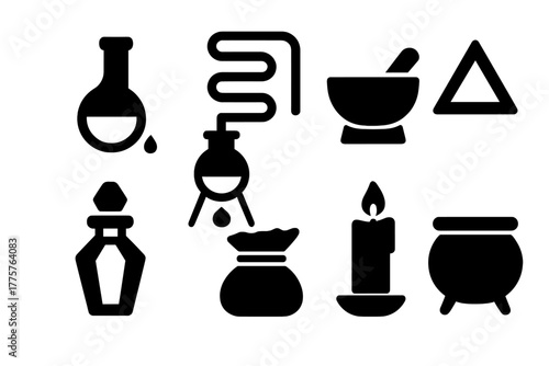 Alchemical Lab Icons. Solid style icons of Alchemical Lab: Retort Flask, Distillation Coil, Stone Mortar, Elemental Symbol,