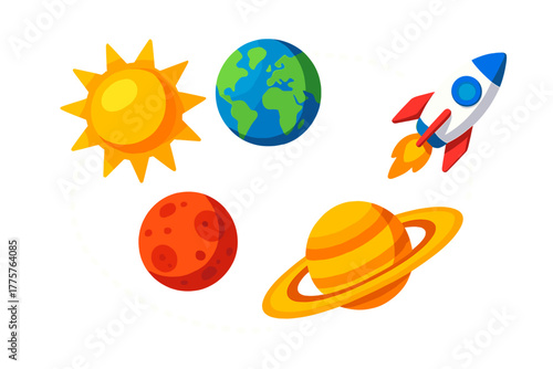 Cosmic Journey Icons. Isometric vector illustration set Cosmic Journey: radiant sun, orbiting earth, cratered mars, striped saturn