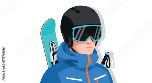 Snowboarder in winter gear with helmet and goggles on white background