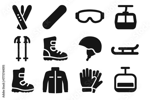 Winter Sports Icons. Solid style icons of winter sports: skis, snowboard, ski goggles, gondola, ski poles, snow boots, helmet,