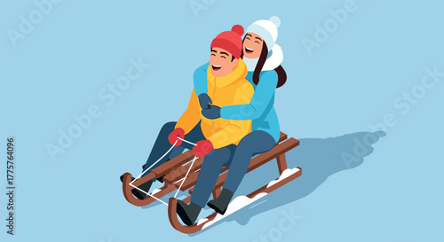 Happy winter fun couple enjoying sledding adventure on a sunny day