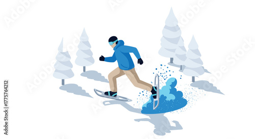 Isometric winter snowshoeing adventure in snowy forest landscape