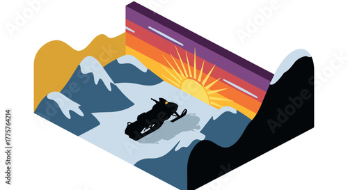 Snowmobile adventure at sunset in 3d isometric mountain landscape
