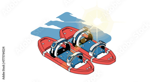 Retro isometric snowboard bindings with mountain sunburst reflection