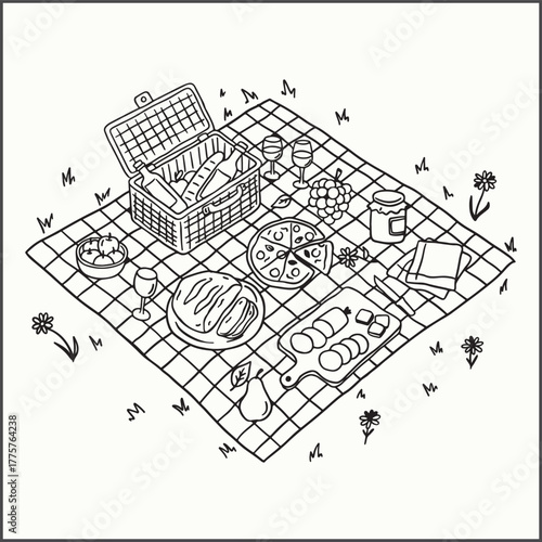 Doodle-style illustration of an outdoor picnic. Hand-drawn style drawing with simple black lines on a light background.