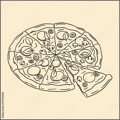 Doodle-style illustration of a whole pizza with a detached slice. Hand-drawn style drawing with simple black lines on a light background.