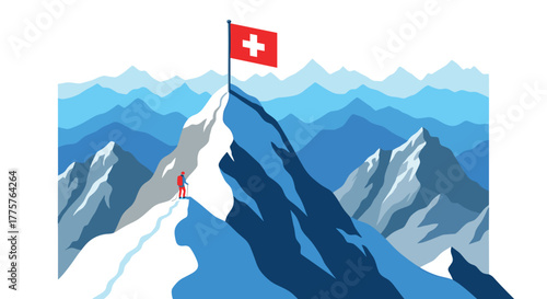 Climber reaches summit with flag on snowy mountain peaks in alpine landscape