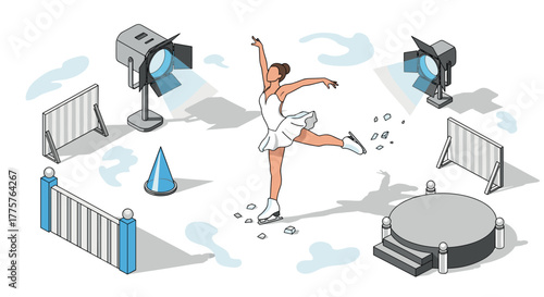 Elegant ice skater performing on rink with stage lights and winter props in isometric art style