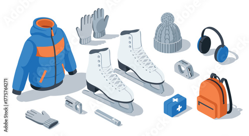 Winter sports isometric design with ice skates, warm clothing, and accessories