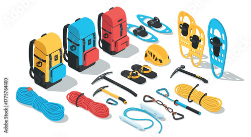 Essential isometric mountaineering gear backpacks, helmets, ropes, and more