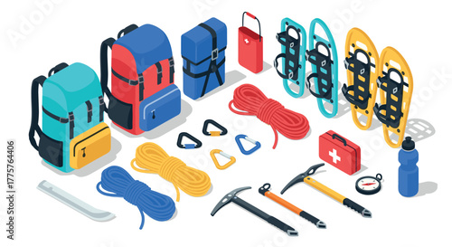 Isometric camping gear and equipment collection for outdoor adventures