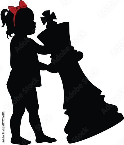 Child playing with giant chess piece silhouette girl holding king figure in black vector illustration 