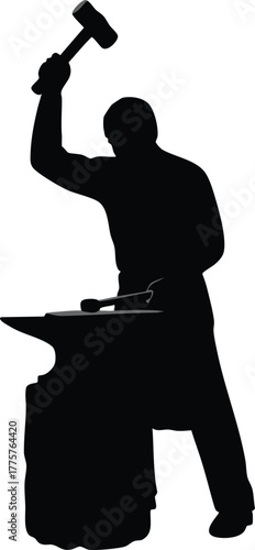 Blacksmith silhouette forging metal with hammer on anvil vector illustration in solid black style 