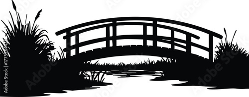 Wooden garden bridge silhouette with grasses and pond natural landscape vector illustration 