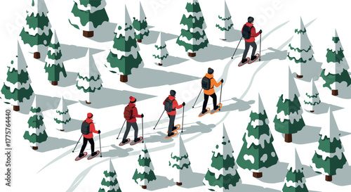 Isometric winter adventure snowshoeing through pine forest scenery
