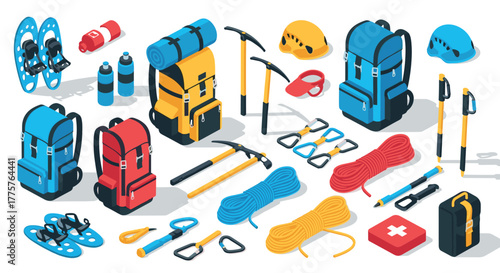 Essential gear for mountain adventures in isometric style