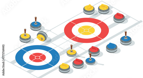 Isometric curling rink with stones and brooms in action