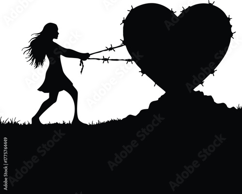 Woman pulling large heart wrapped in barbed wire silhouette vector illustration depicting emotional struggle 