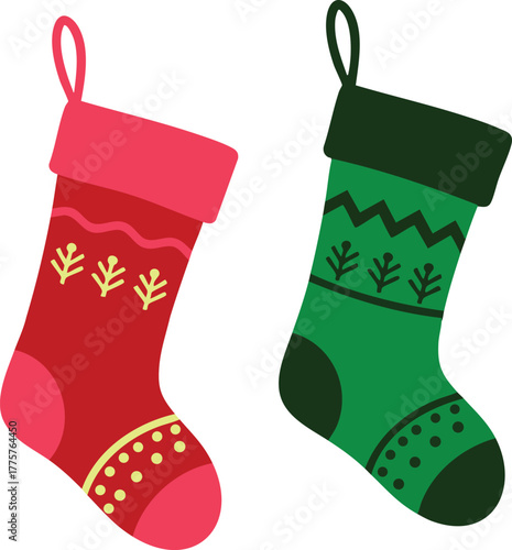 Christmas stockings in red and green colors with festive patterns for holiday decoration vector illustration 