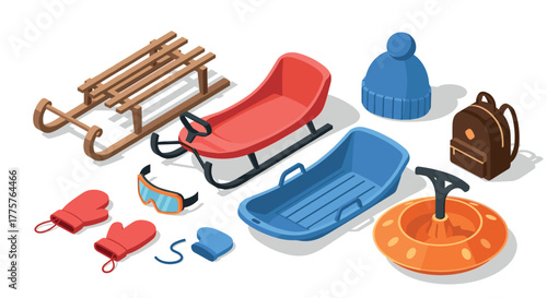 Winter accessories and gear in isometric style with sled, mittens, hat, goggles, and tube
