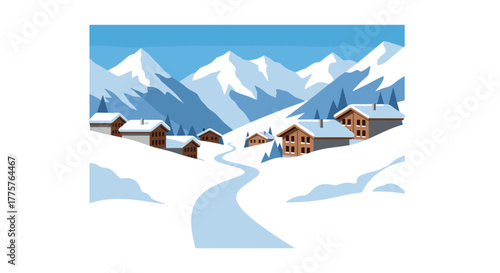 Serene winter mountain village with snowcovered cabins and majestic peaks