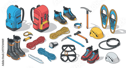 Outdoor adventure gear collection isometric backpack, boots, snowshoes, climbing tools