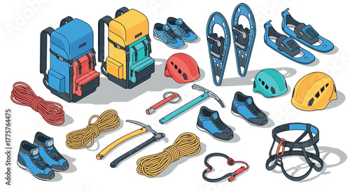 Outdoor adventure gear isometric set featuring backpacks, helmets, shoes, and climbing equipment in vibrant colors
