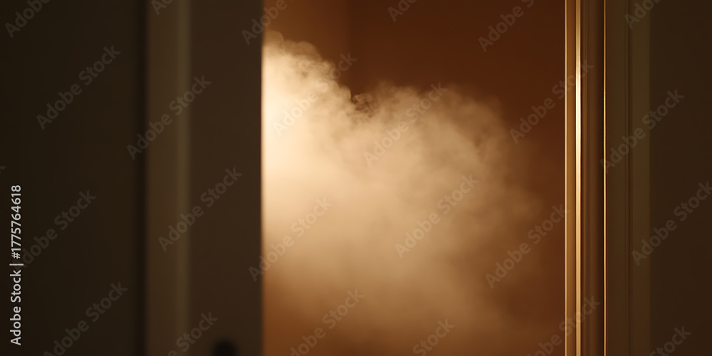 Obraz premium A mysterious cloud of smoke emerges from a doorway, creating an enigmatic and captivating scene. The contrast between light and shadow adds to the intrigue.