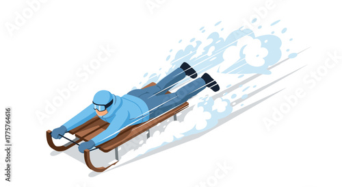 Isometric winter sports scene person sledding in snowy action