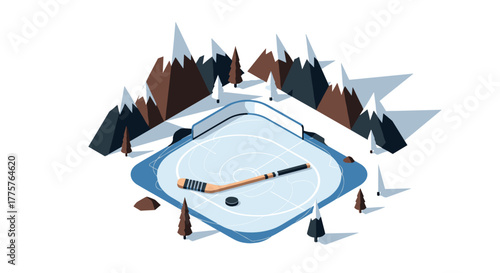 Isometric winter ice rink with mountains and hockey gear in snowy landscape