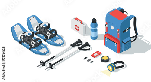 Winter adventure gear isometric set featuring backpack, snowshoes, and safety equipment