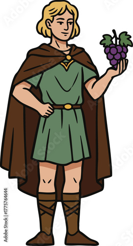 Young medieval boy in green tunic holding purple grapes vector illustration with brown cape and boots 