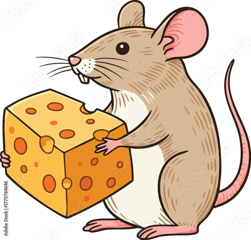 Mouse holding large piece of cheese cartoon style colorful vector illustration for children and education projects