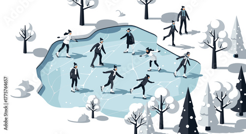 Winter ice skating scene with people in minimalist style at frozen pond