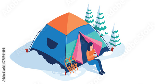 Winter camping adventure with cozy tent and snowy trees