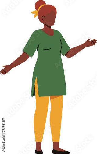 Woman in green tunic and yellow pants standing with arms open vector illustration in casual pose 