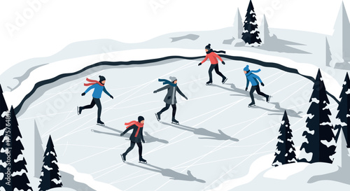 Winter wonderland people ice skating on a scenic frozen pond with pine trees and snowy landscape