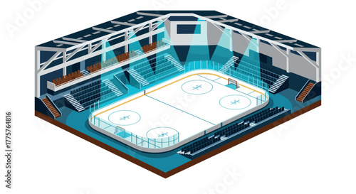 Modern isometric ice hockey arena with spectator seats and lighting