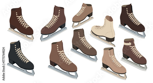 Collection of stylish ice skates in various brown shades with detailed laces and blades