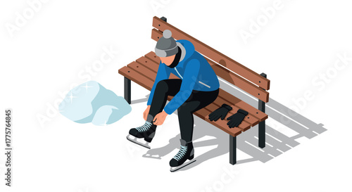 Isometric winter scene with ice skater resting on park bench