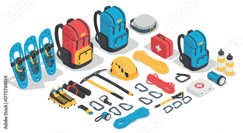 Isometric camping gear set with backpacks, safety equipment, and hiking tools